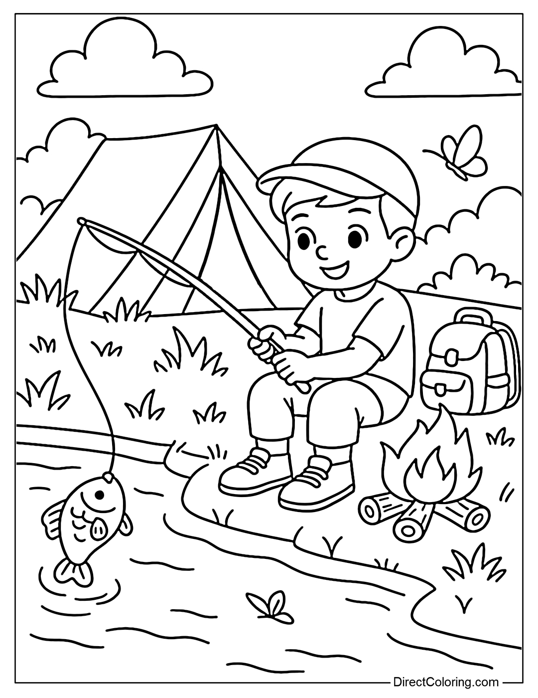Coloring page of a boy fishing near a tent, with a campfire and a backpack next to it.